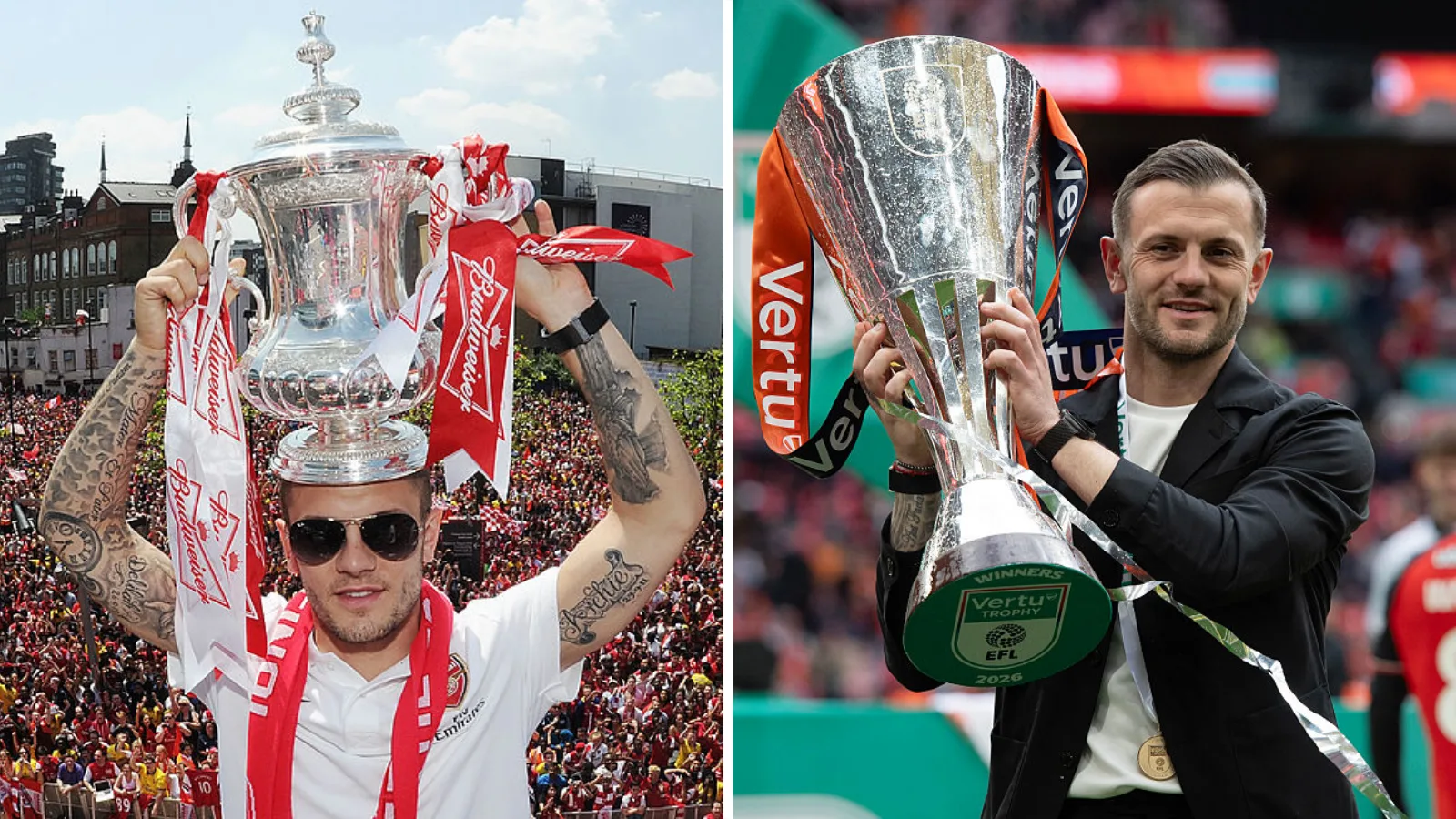 Jack Wilshere holding the FA Cup and the Vertu trophy
