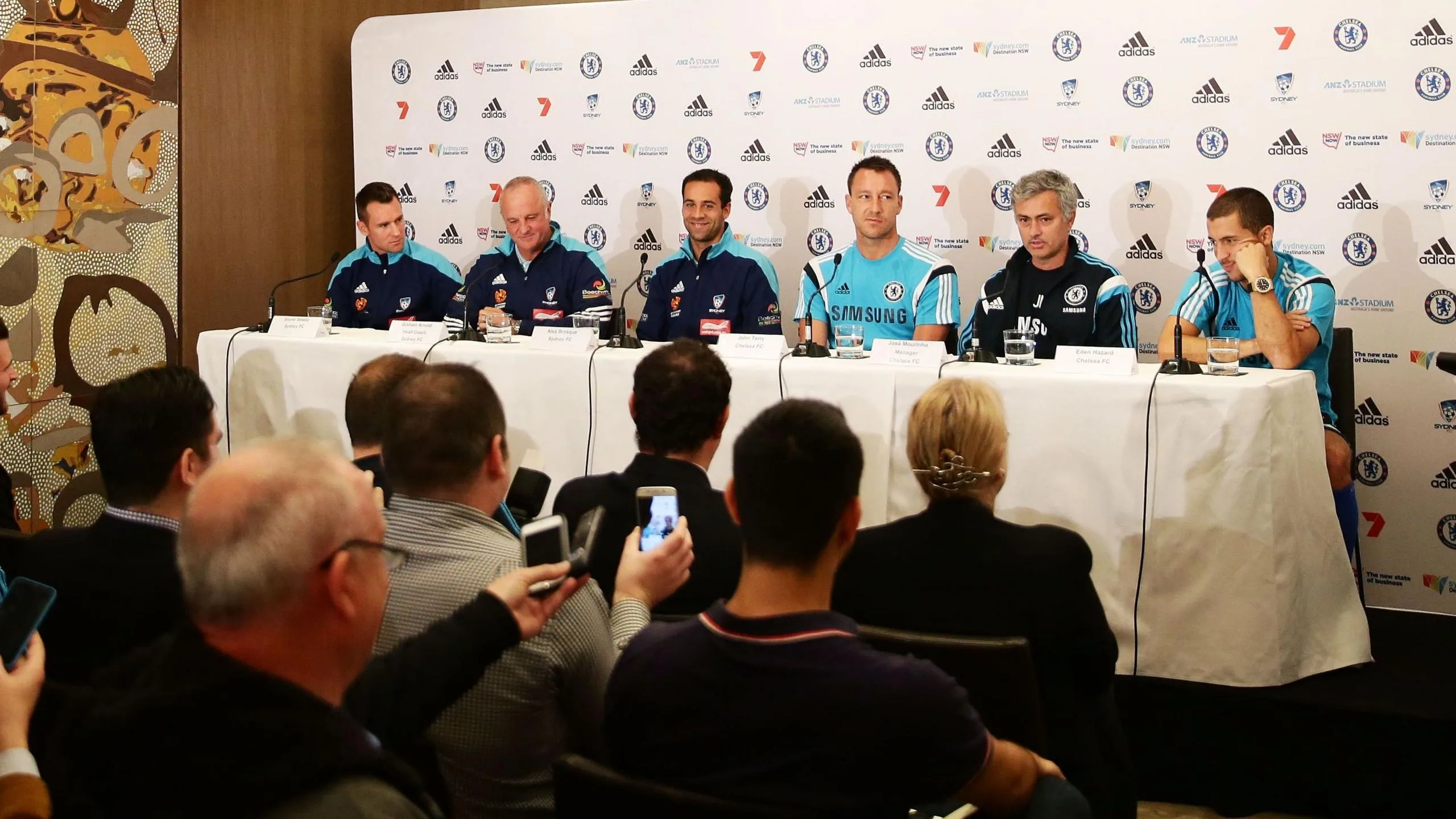 John Terry, Jose Mourinho and Eden Hazard of Chelsea attend a news conference in Sydney in May 2015