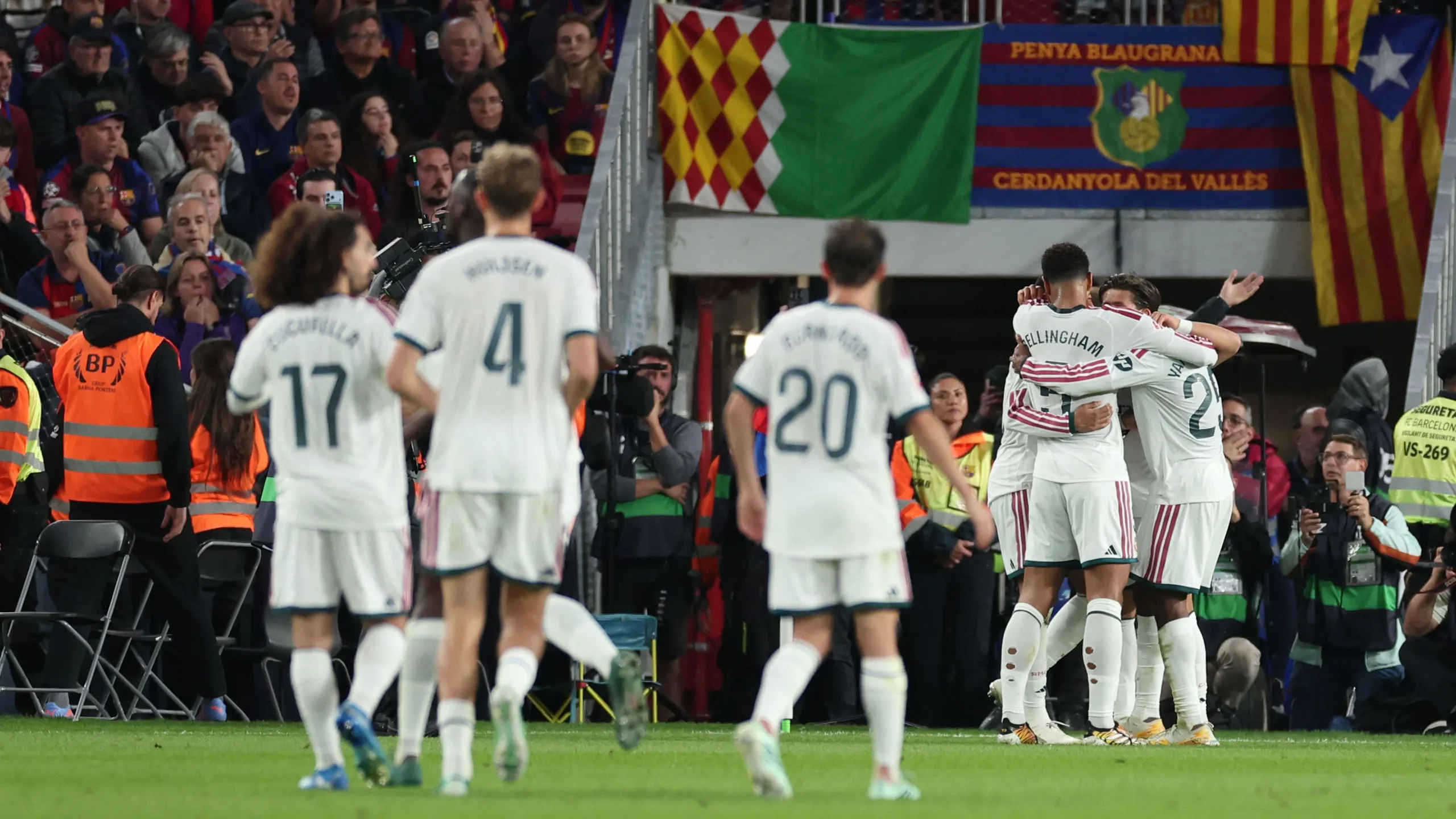 Image of Kylian Mbappe of Real Madrid, Jude Bellingham of Real Madrid , and Bernardo Silva of Real Madrid celebrating during the La Liga match between FC Barcelona v Real Madrid at the Camp Nou on October 25, 2026.