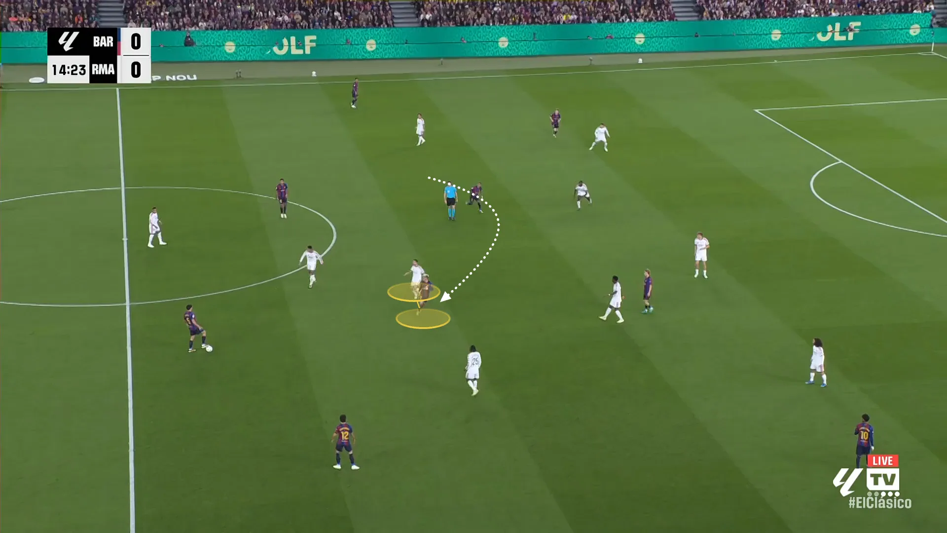 Screen grab showing Bernardo Silva's man-marking role on Pedri against Barcelona. 