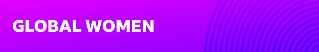 Graphic with Global Women written in white on a purple background, with blueish-purple arcs taken from concentrically arranged circles on the right.