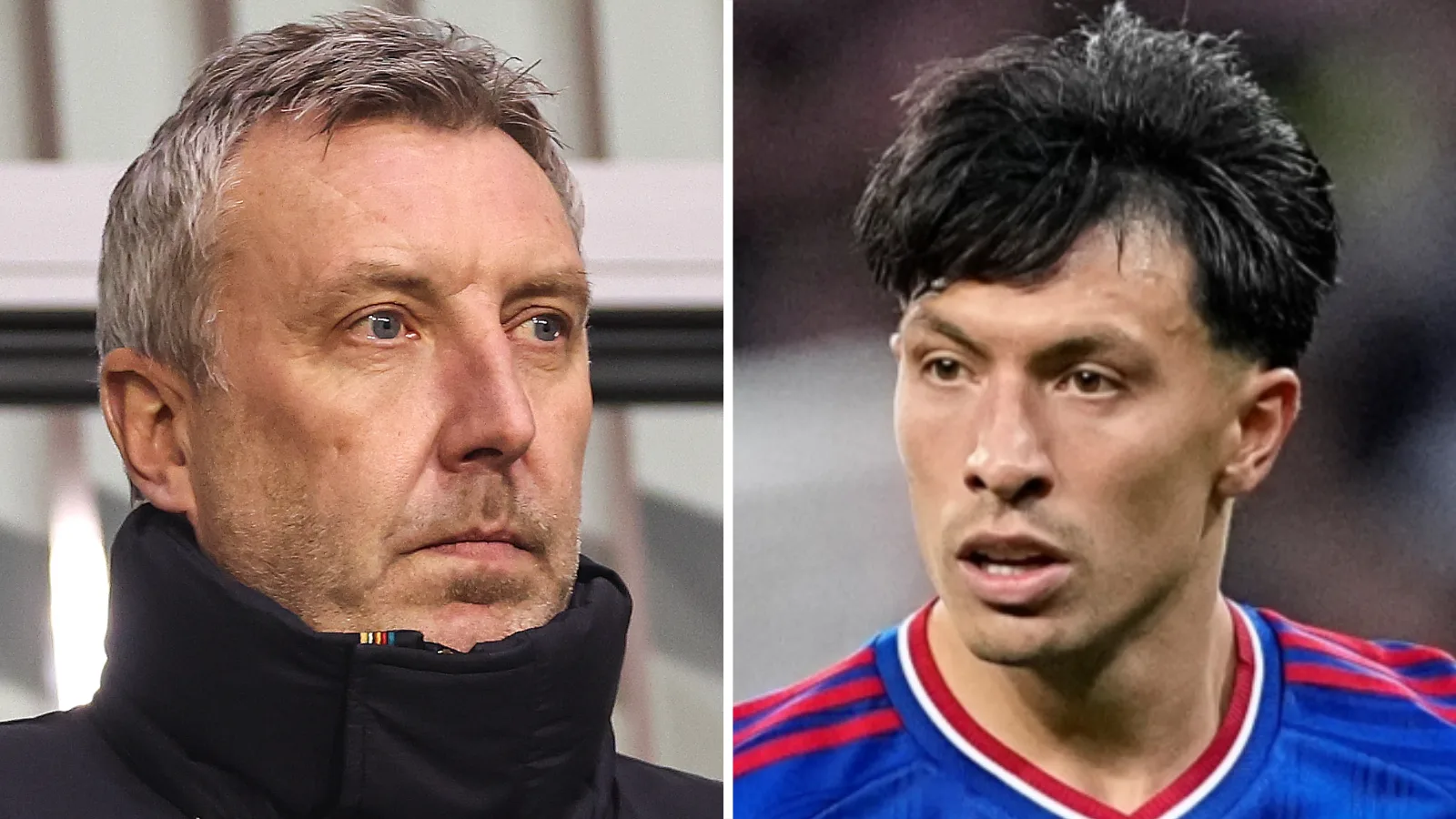 Close-ups of Jason Wilcox, in a dark coat, and Lisandro Martinez, in Manchester United's blue change kit