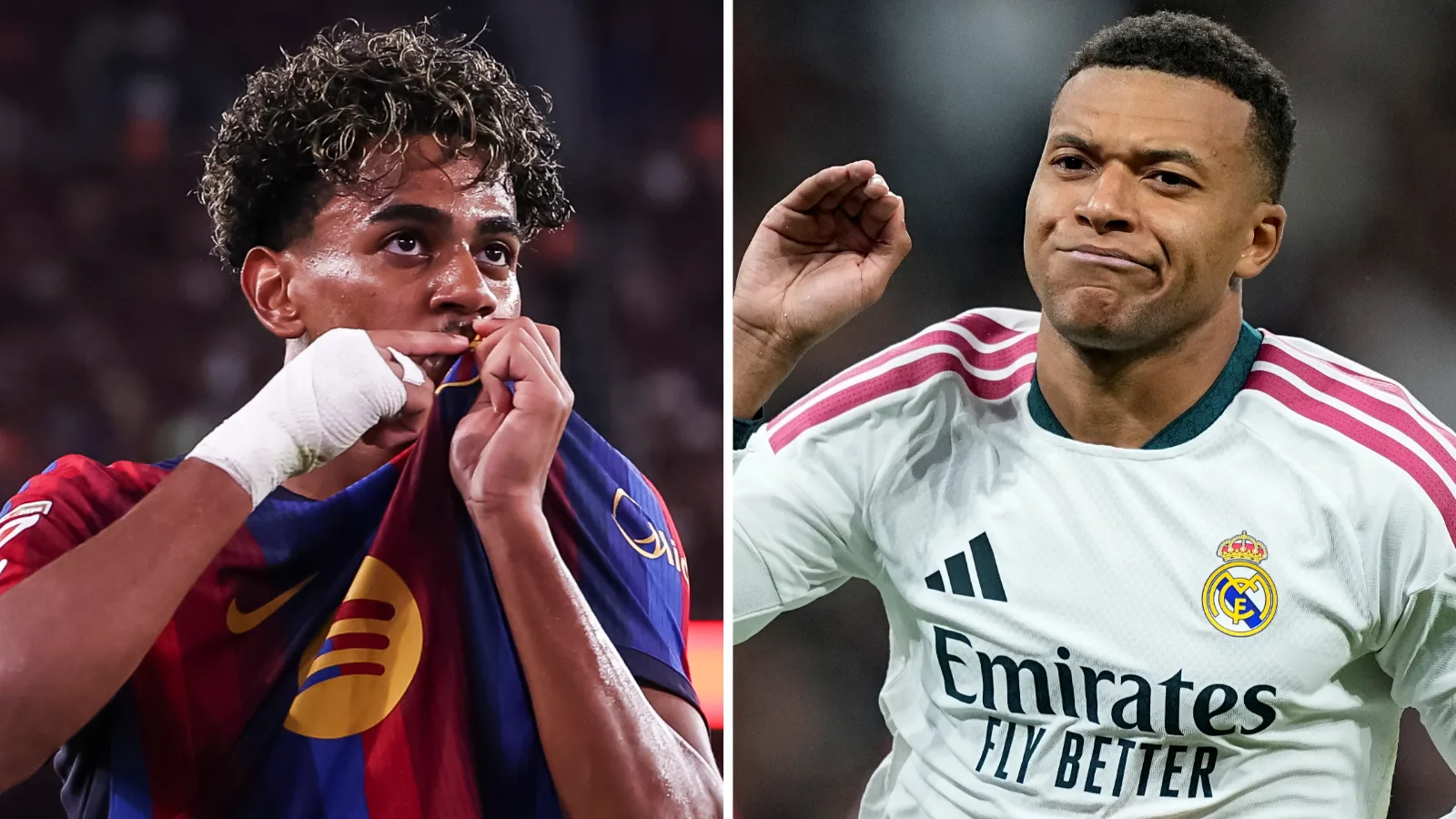 Split graphic: Barcelona's Lamine Yamal and Real Madrid's Kylian Mbappe