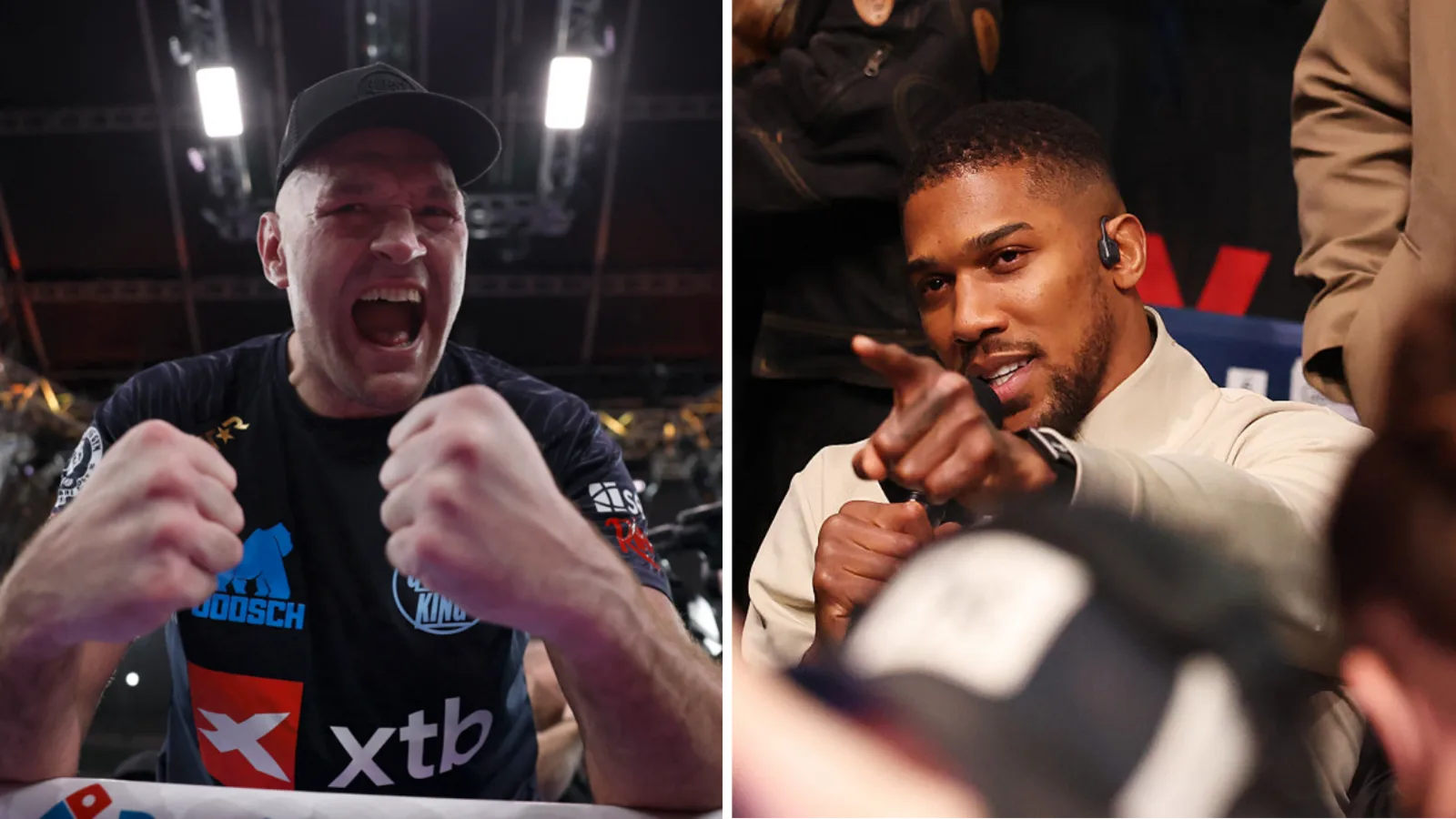 Split image of Tyson Fury celebrating and Anthony Joshua pointing from ringside
