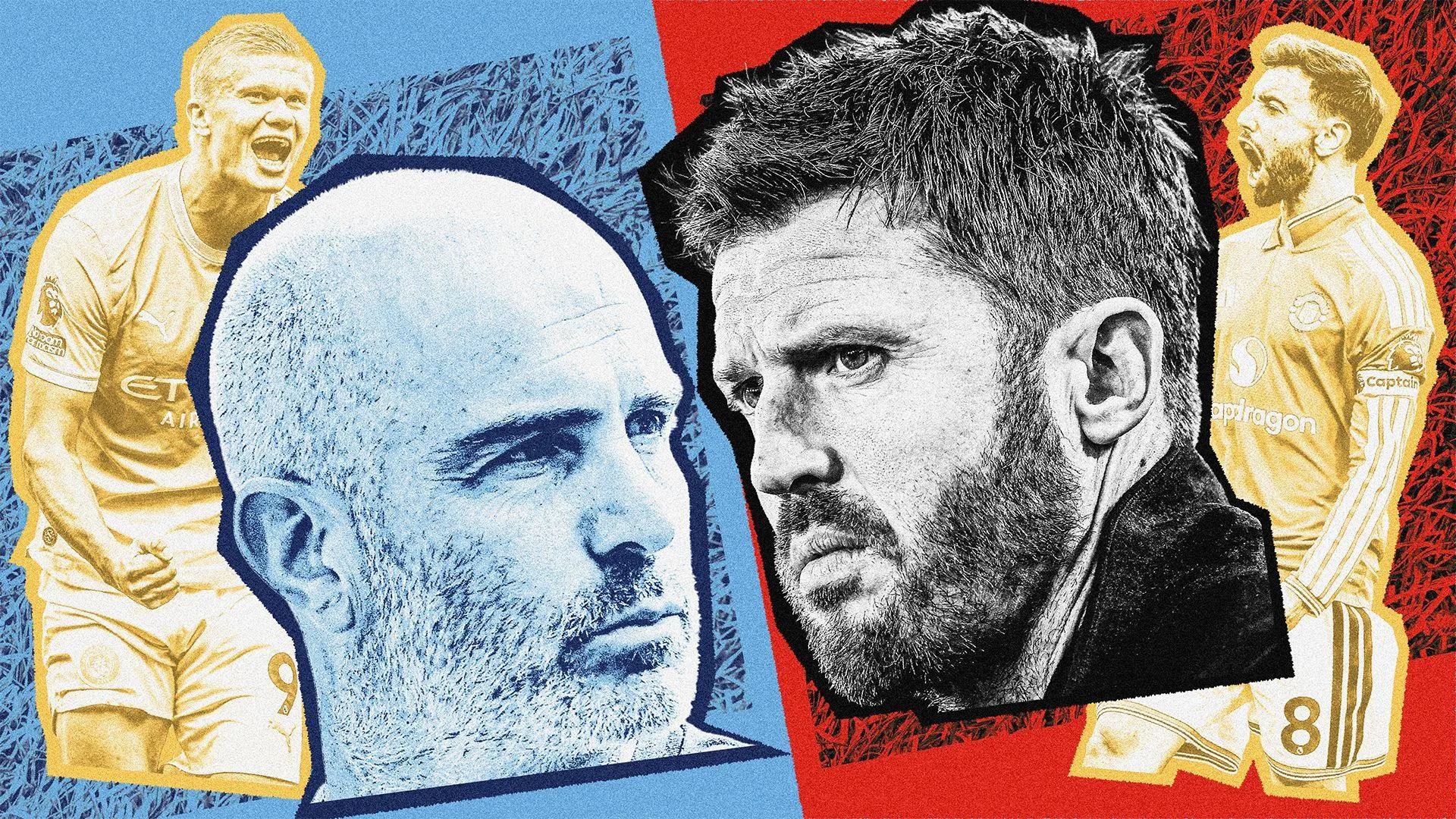A stylistic compilation of Manchester City manager Enzo Maresca and Manchester United boss Michael Carrick in the foreground and Erling Haaland and Bruno Fernandes in the background.