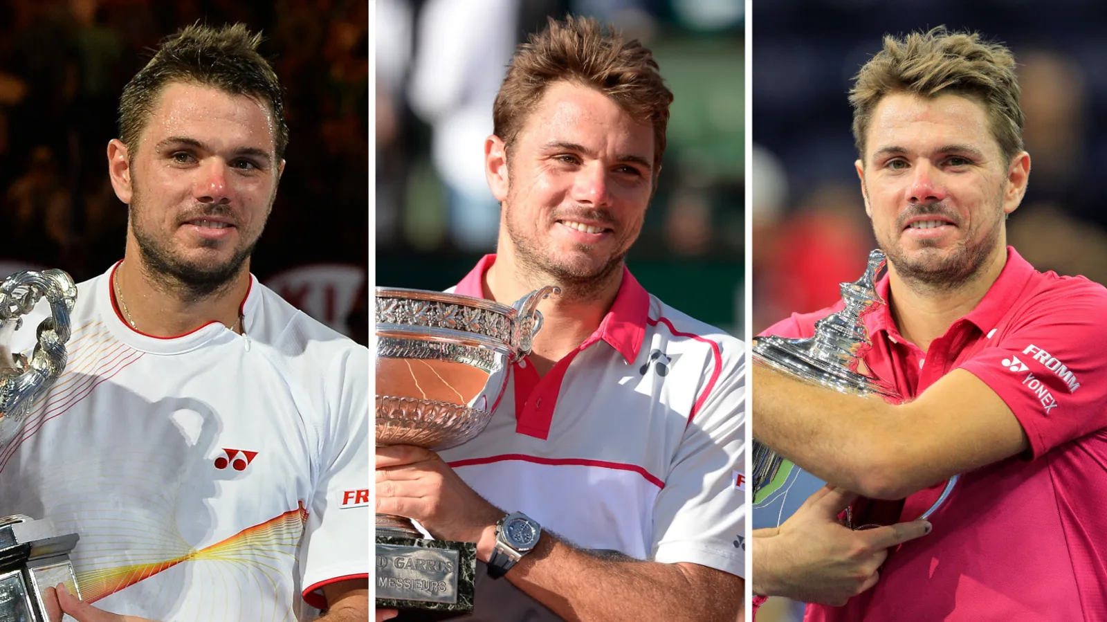 Stan Wawrinka holds trophies at the 2014 Australian Open, 2015 French Open and 2016 US Open