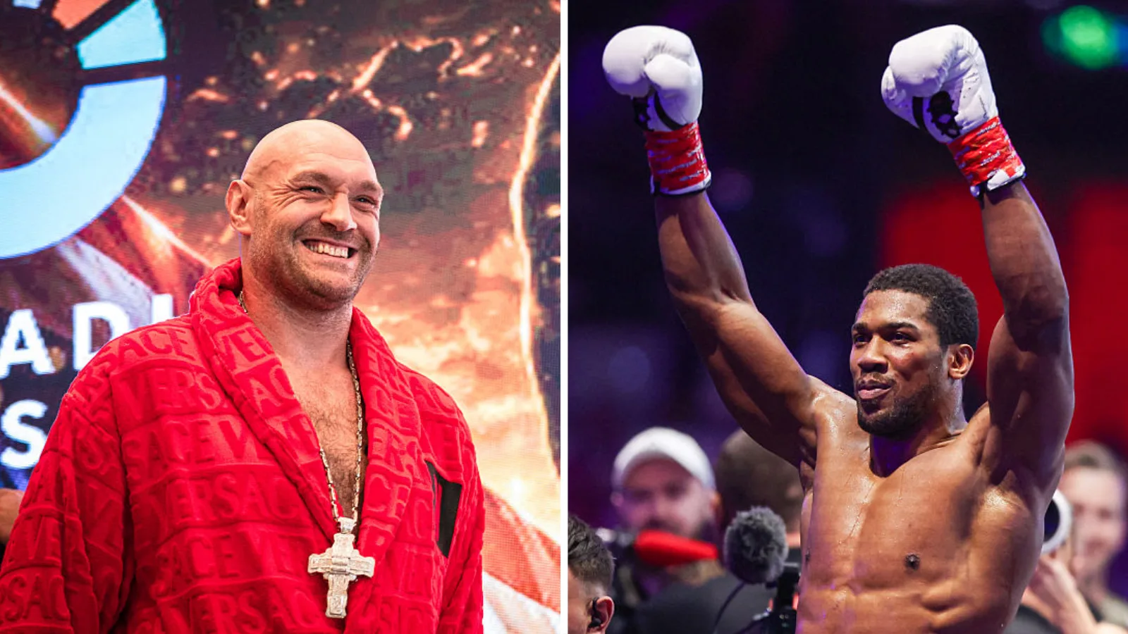 Tyson Fury (left) at the official weigh-in before his fight with Mariusz Wach.
Anthony Joshua (right) with his arms up after beating Kristian Prenga.