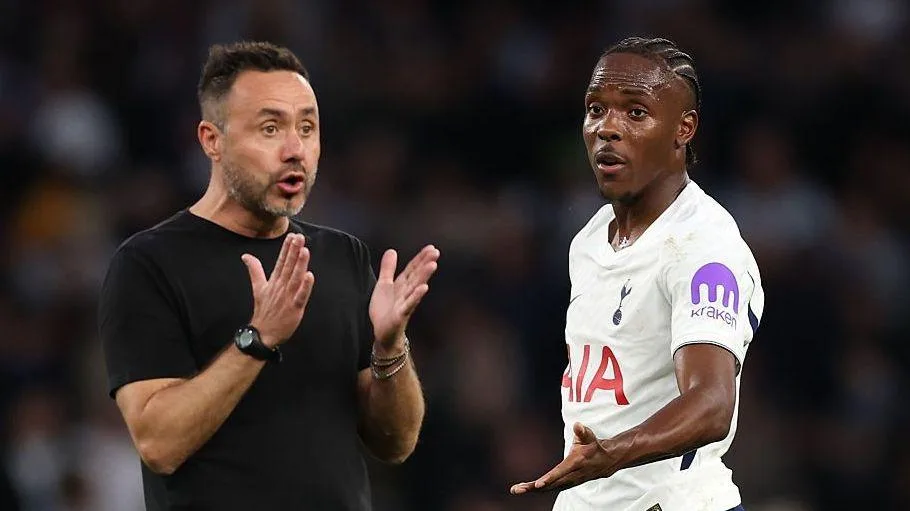Spurs head coach Roberto De Zerbi involved in a heated discussion with substitute Mathys Tel at the end of the goalless draw at home to Everton in the Premier League.