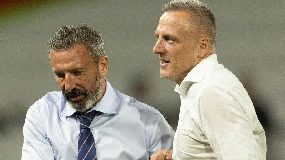  Rangers manager Derek McInnes and Jablonec head coach Lubos Kozel