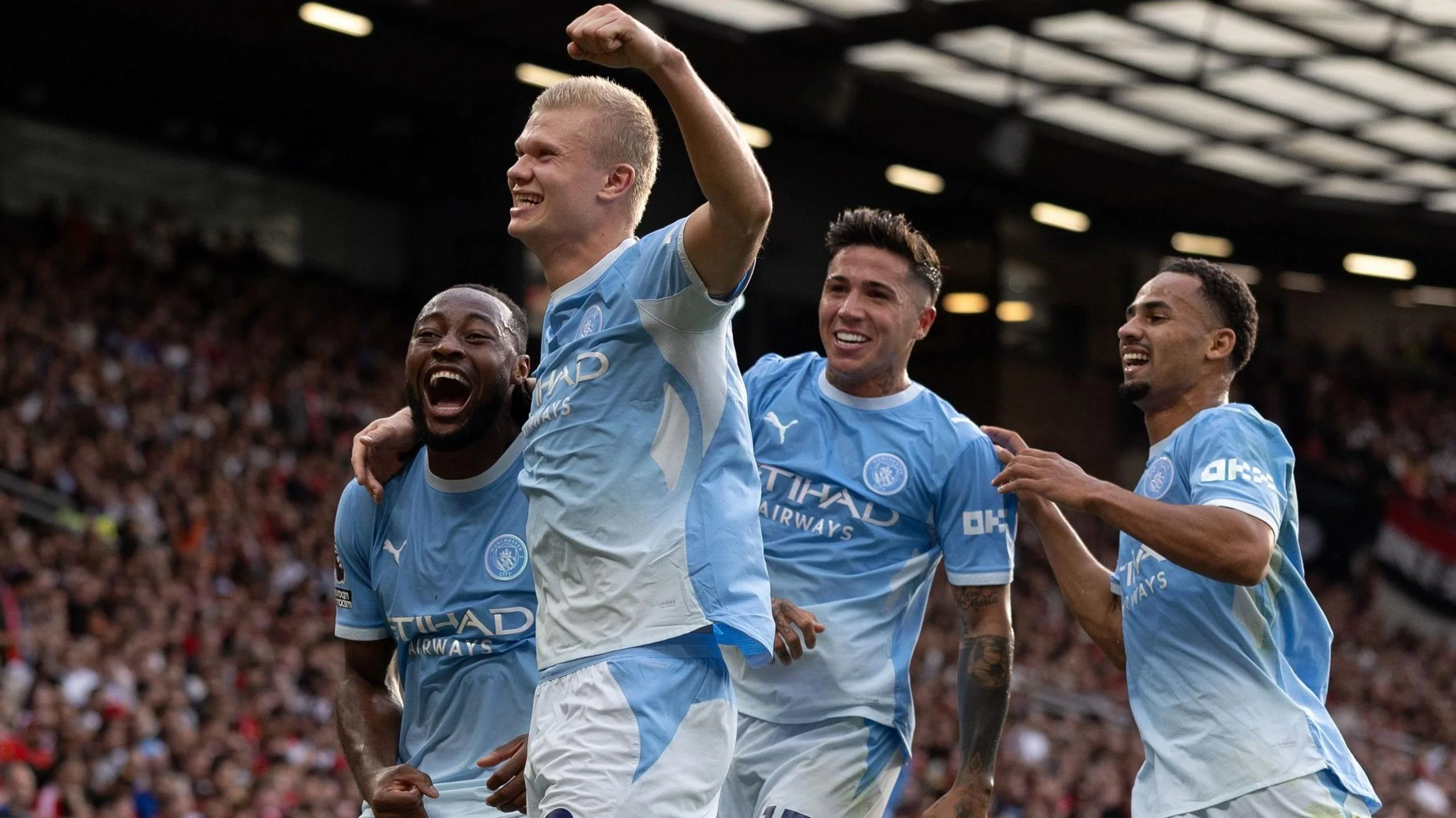 Manchester City players Erling Haaland, Antoine Semenyo, Enzo Fernandez and Iliman Ndiaye celerate a goal against Manchester United in the Premier League