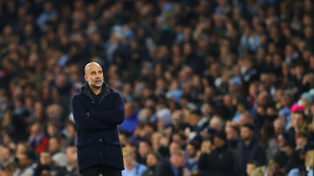 Pep Guardiola looks on during Manchester City's 3-1 victory over Aston Villa in the Premier League in February 2023