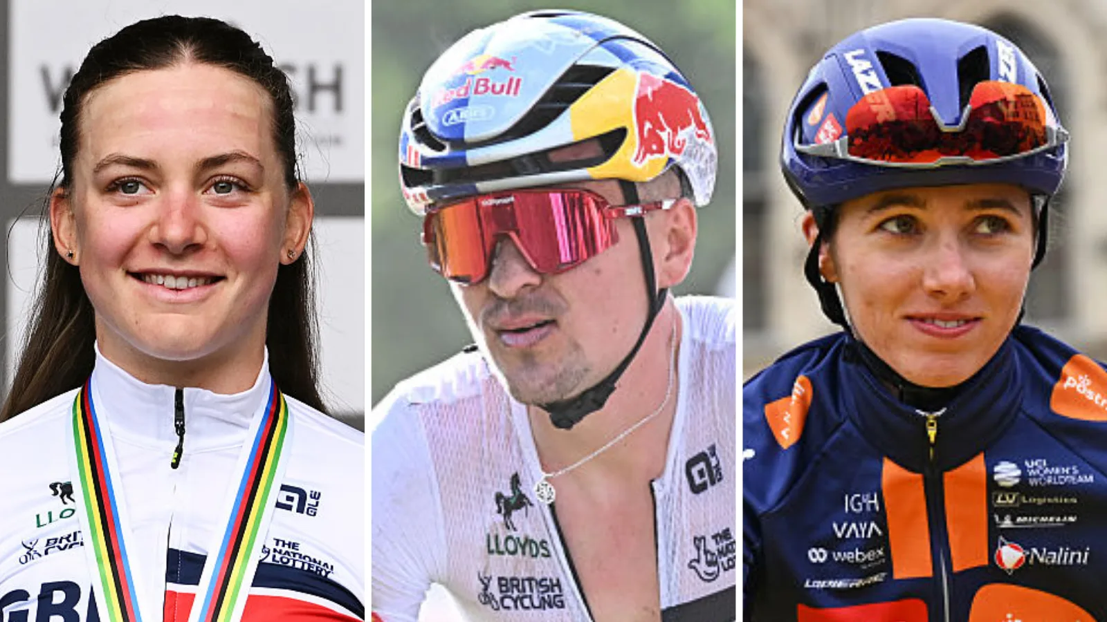 Split picture showing Zoe Backstedt, Tom Pidcock and Pfeiffer Georgi in cycling kit