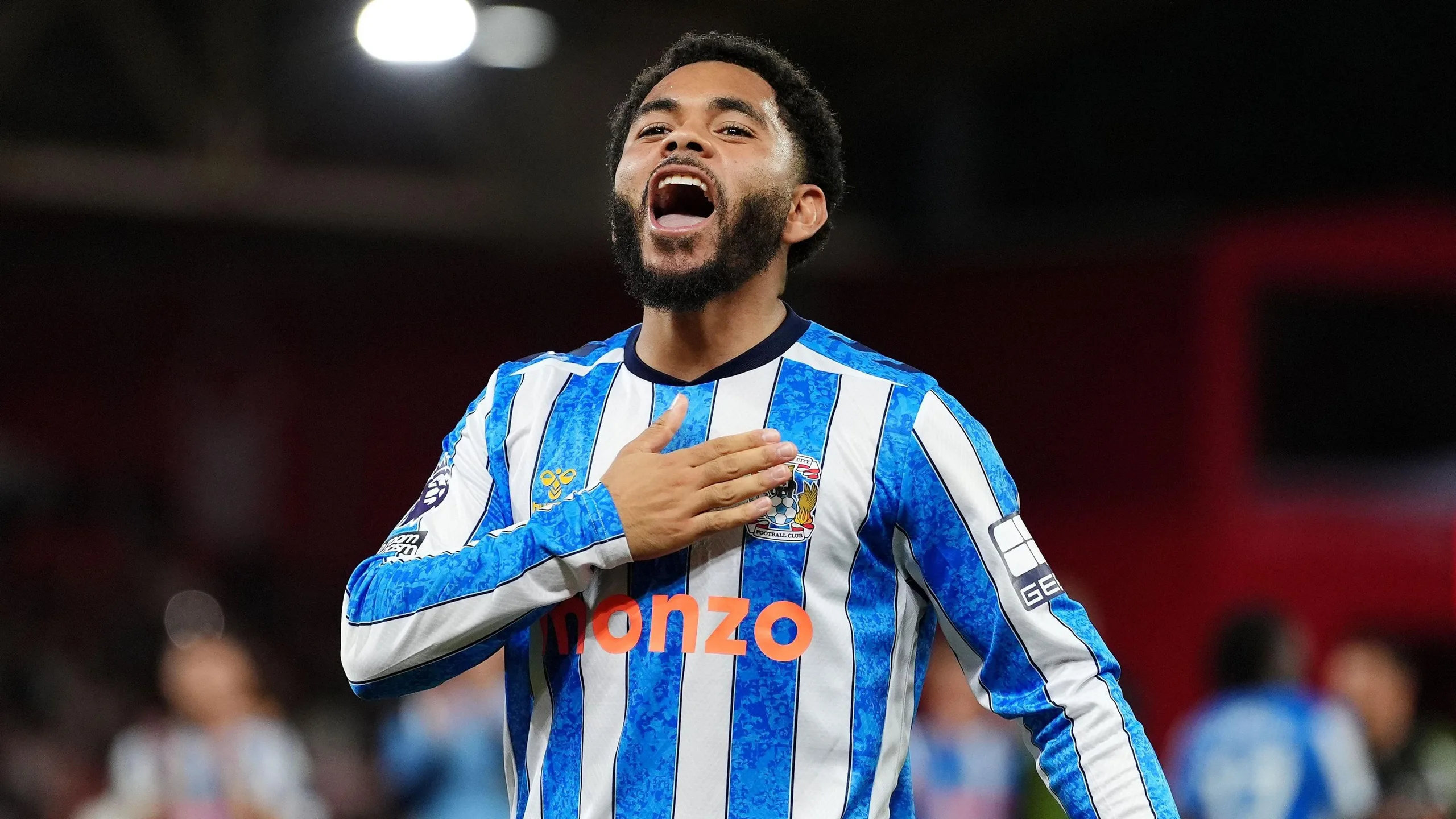 Jay Dasilva celebrates at the full-time whistle after Coventry's 1-0 win over Nottingham Forest
