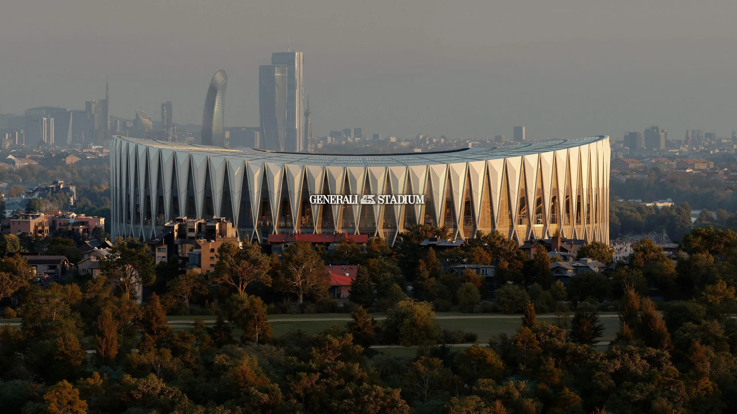 An exterior aerial graphic design of the planned Generali Stadium in Milan, Italy, which will be shared by AC Milan and Inter