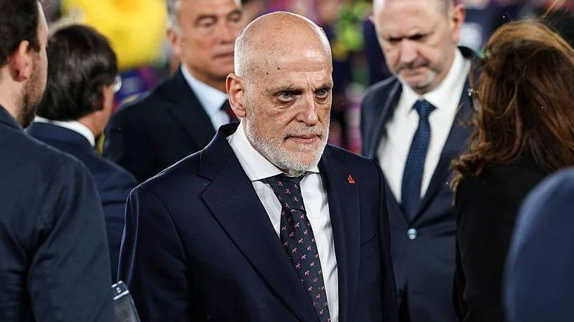 La Liga president Javier Tebas is pictured at an event, wearing a suit and tie
