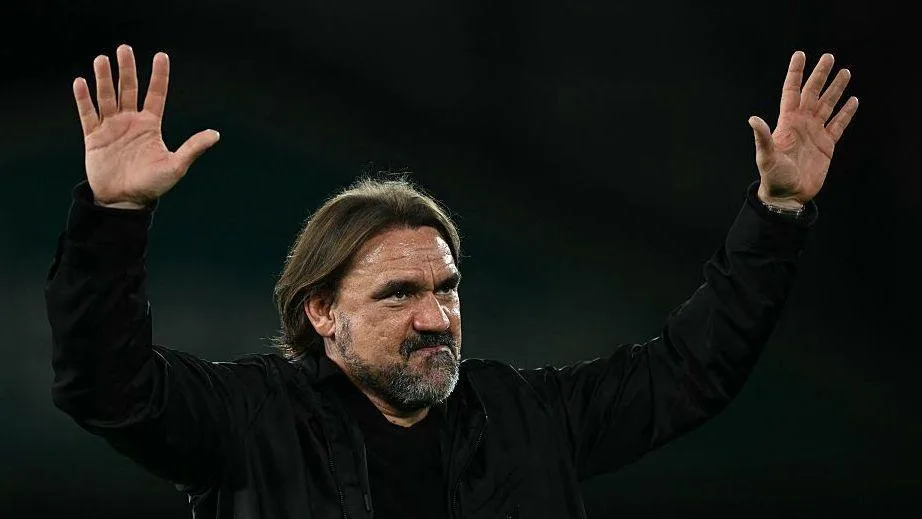 Leeds United manager Daniel Farke holds his hands up