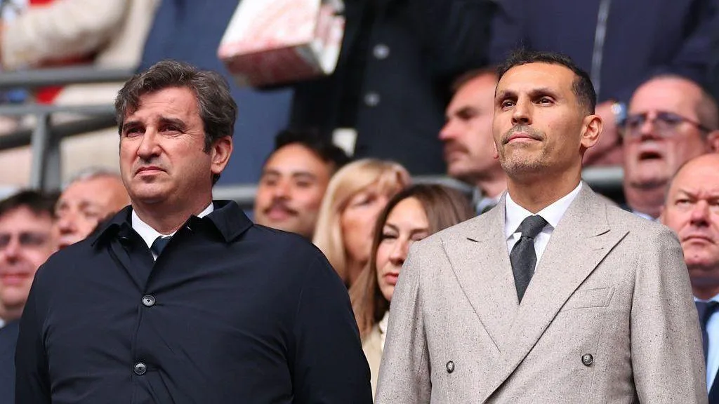Manchester City CEO Ferran Soriano and chairman Khaldoon Al Mubarak watch on from the stands before kick-off at the 2026 FA Cup final