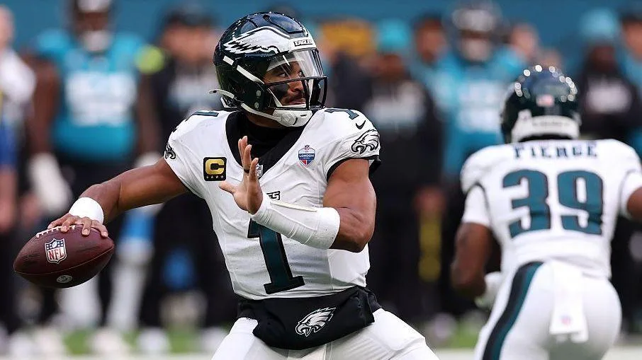 Philadelphia Eagles quarterback Jalen Hurts prepares to make a pass during his team's defeat by the Jacksonville Jaguars on 11 October 2026