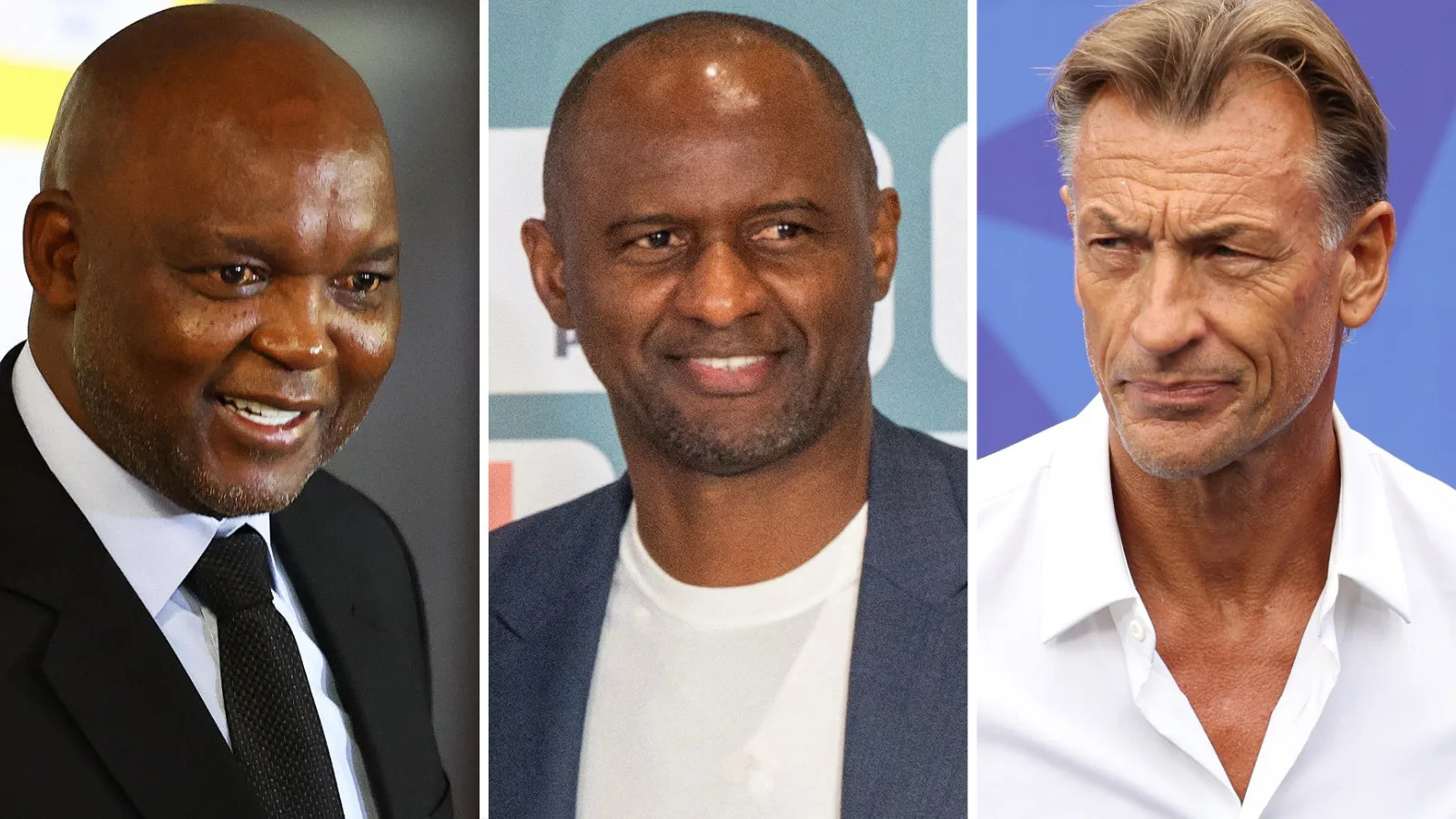 A triptych showing the heads and shoulders of Pitso Mosimane, Patrick Vieira and Herve Renard. Mosimane is seen mid-speech while wearing a black suit jacket, white shirt and black tie, Vieira smiles wearing a blue-grey jacket over a white round-neck t-shirt and Renard has a pensive expression while wearing a plain white shirt open at the neck