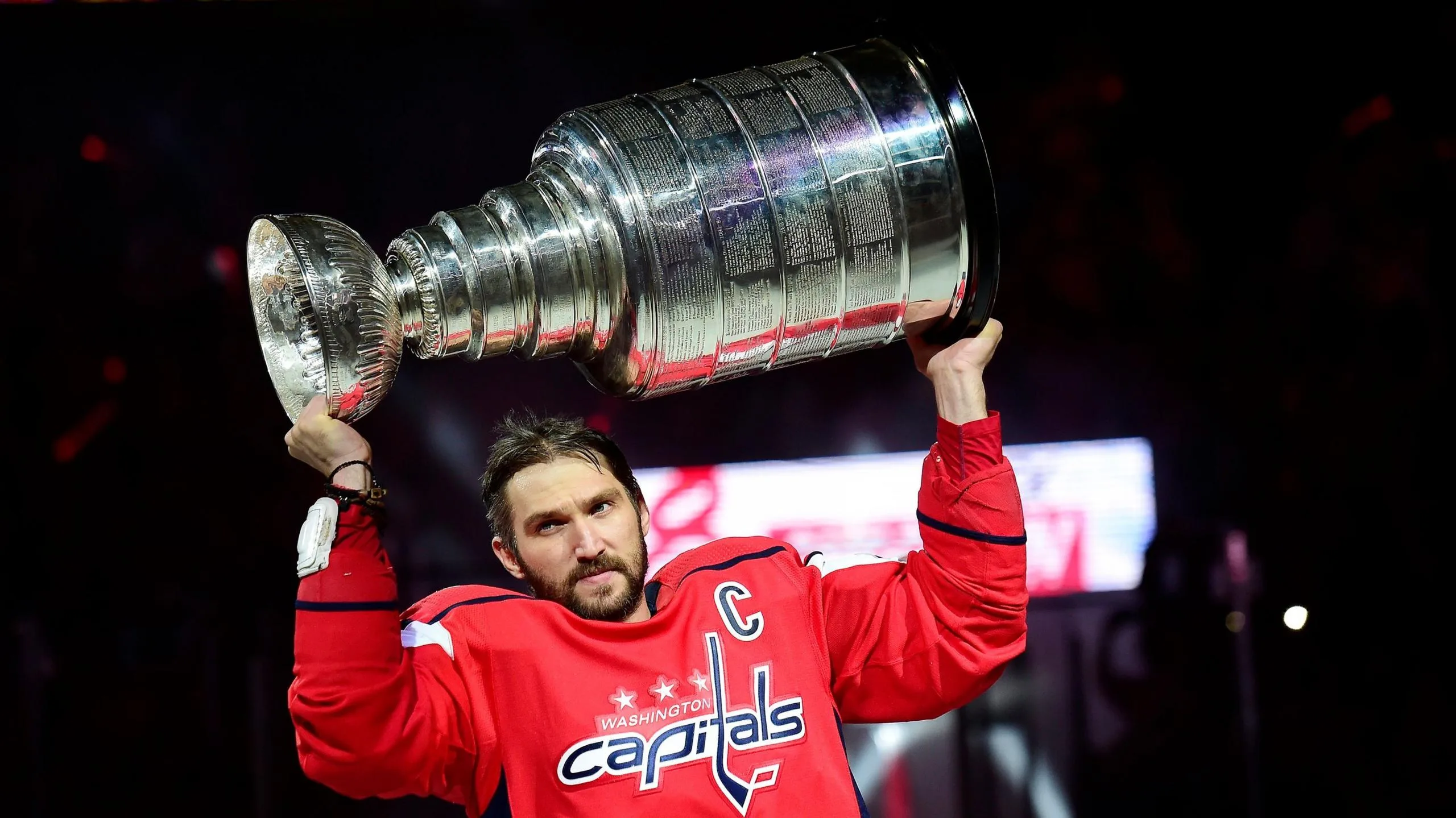 Alex Ovechkin holds the Stanley Cup aloft
