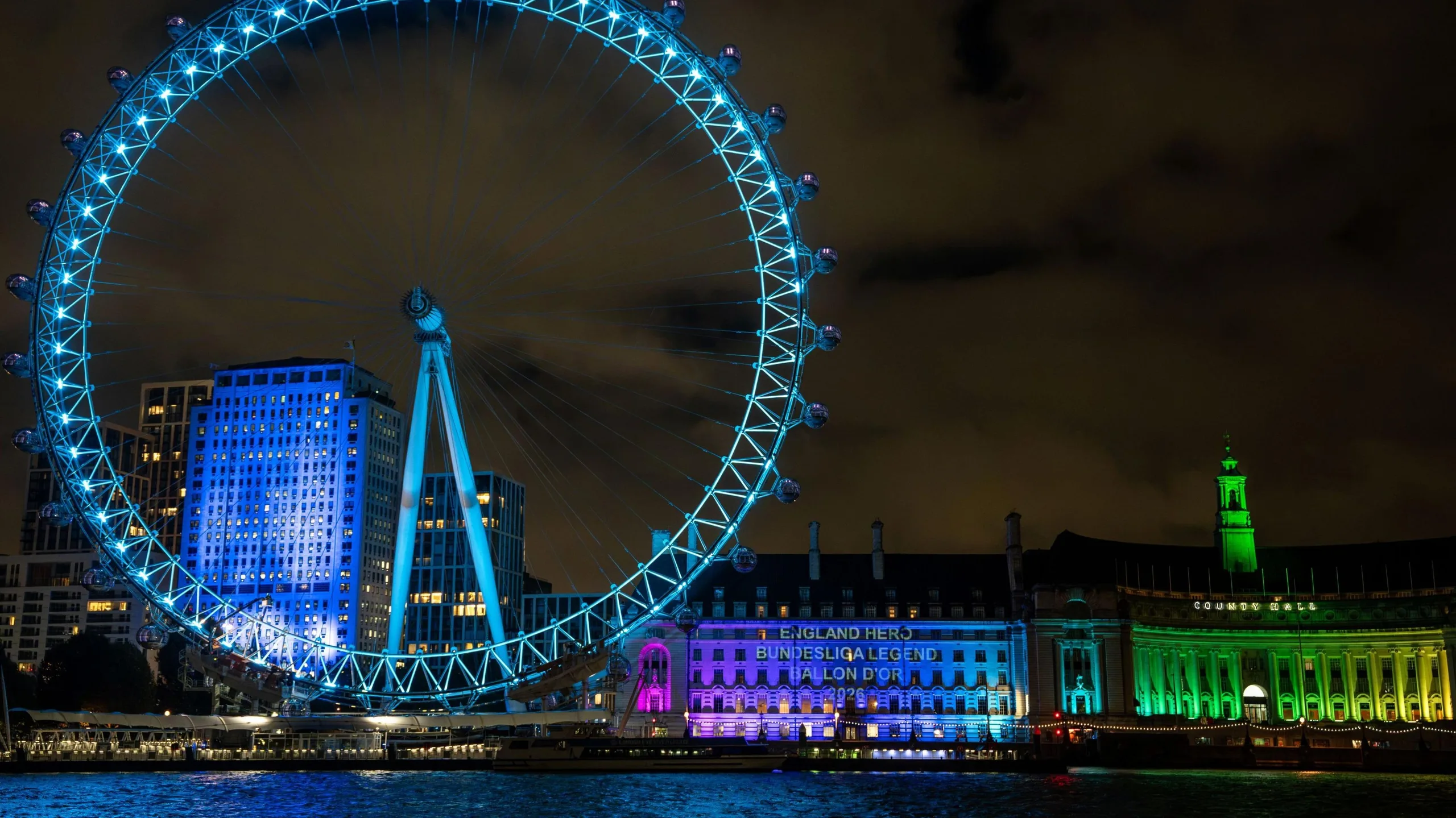 An image in London showing the words "England Hero, Bundesliga legend" being projected on a building 