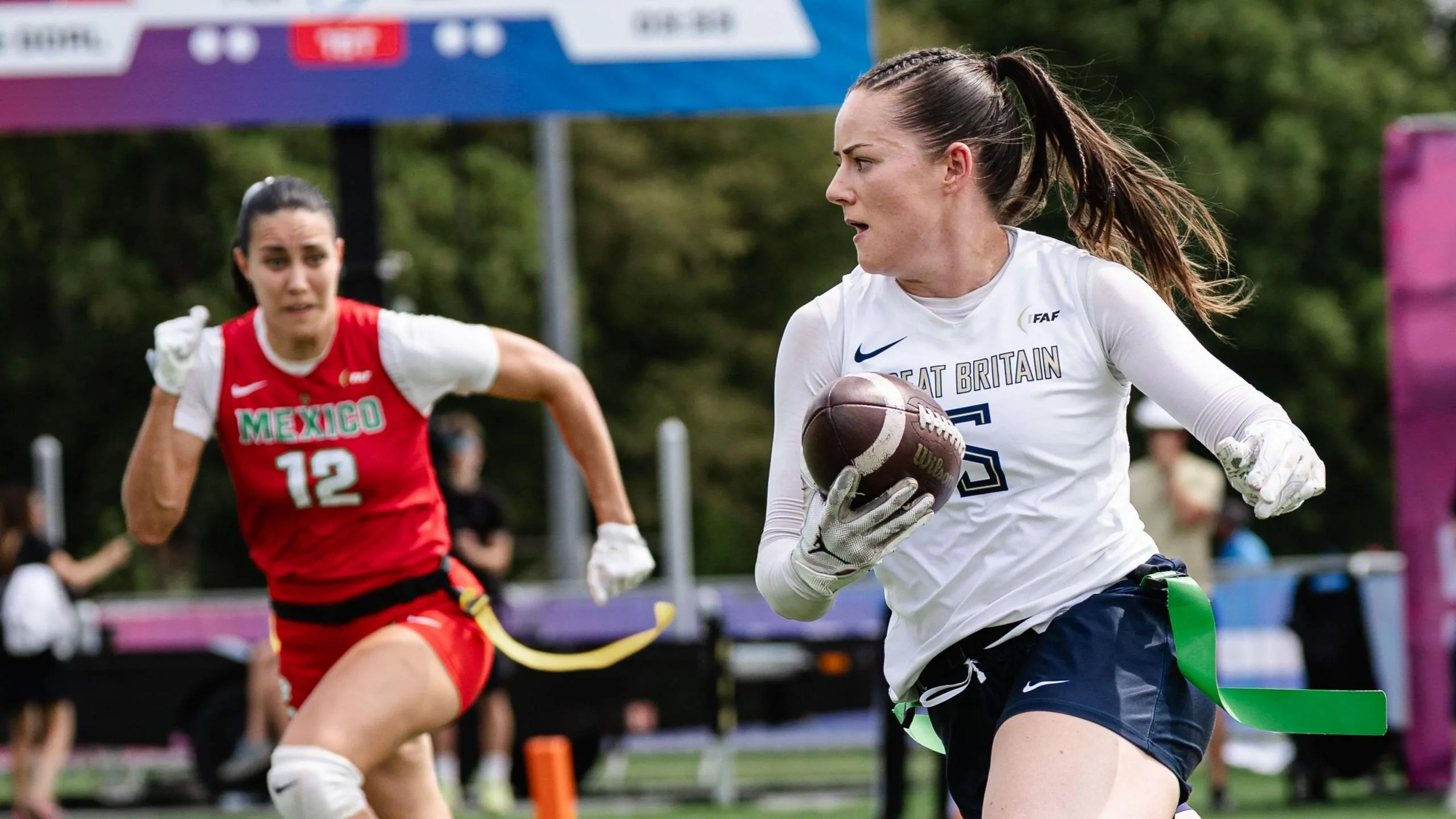 Great Britain's Grace Conway runs the ball against Mexico during the 2026 Flag Football World Championships