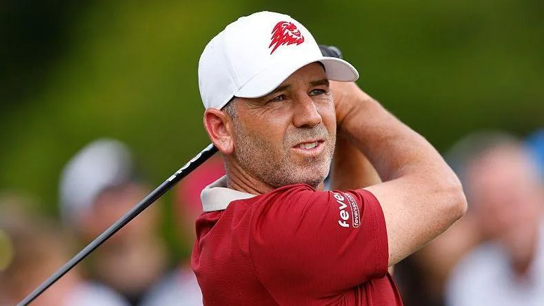 Sergio Garcia watches a tee shot during the LIV Golf Indianapolis event in 2026