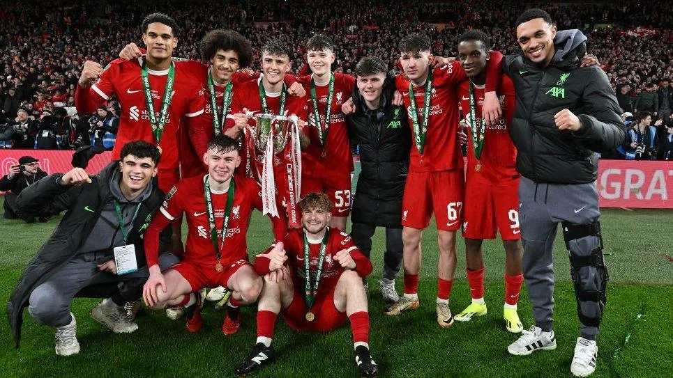The young lads at the end of the Carabao Cup Final match between Chelsea and Liverpool at Wembley Stadium on February 25, 2024 in London, England