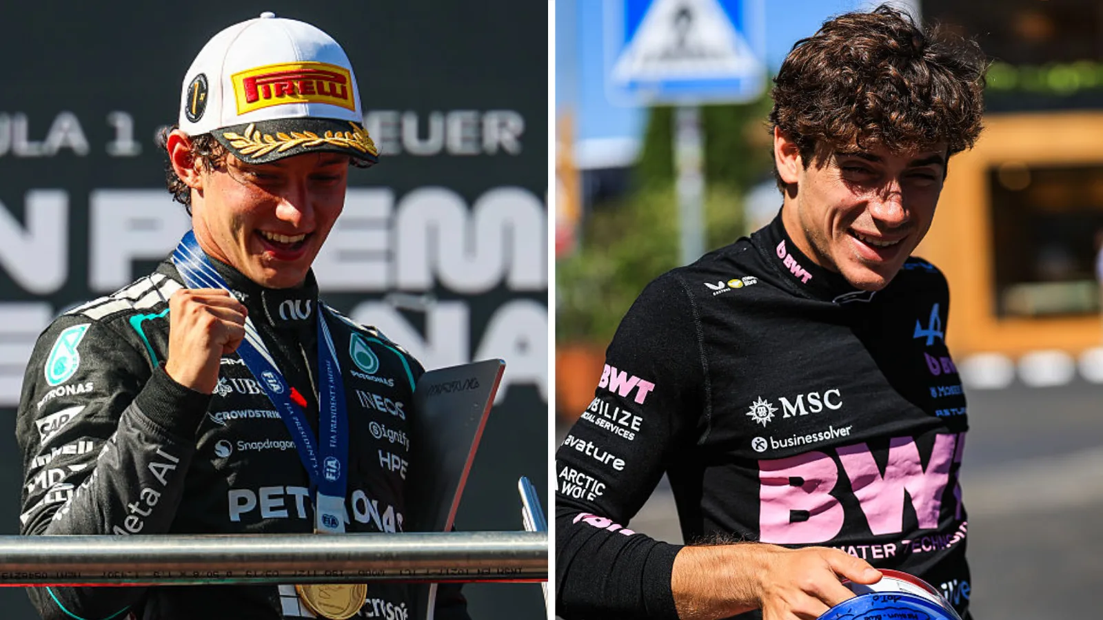 A split image of Kimi Antonelli and Franco Colapinto