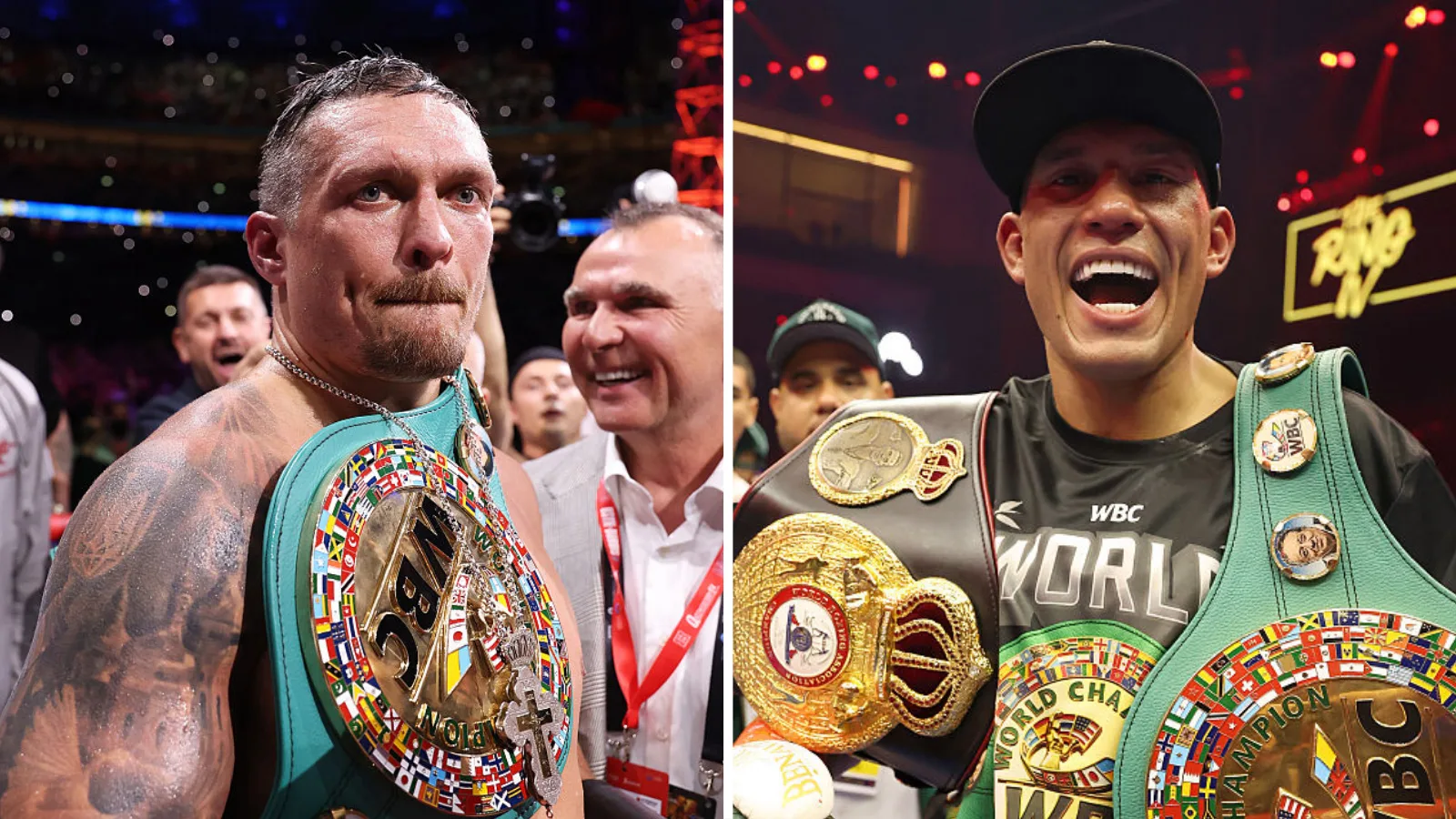 A split picture of Oleksandr Usyk and David Benavidez with world title belts