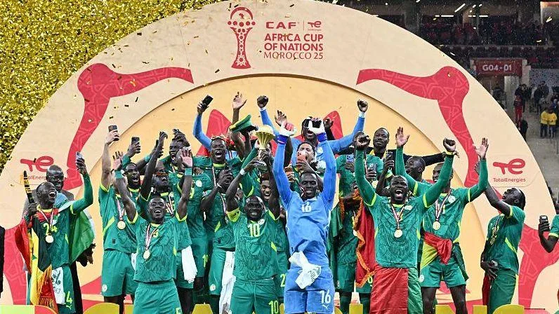 Senegal celebrate with the Afcon trophy in 2025