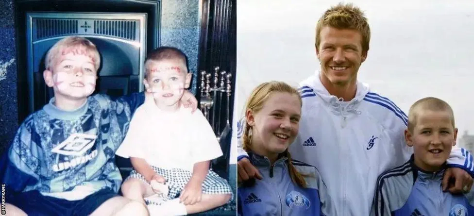 Harry Kane with older brother Charlie and, right, with David Beckham and now wife Katie Goodland

