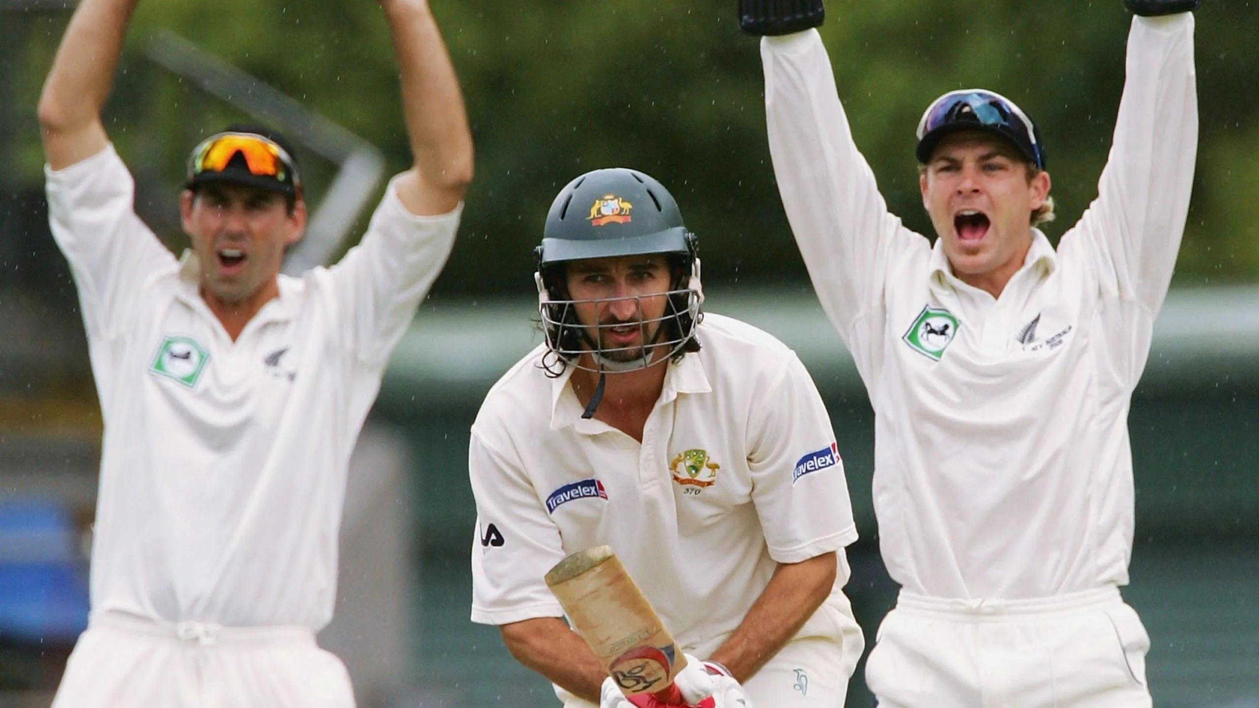Stephen Fleming, left, and Brendon McCullum, right, appeal for Jason Gillespie's wicket in 2005