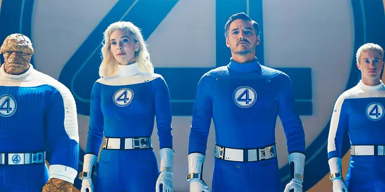 'The Fantastic Four: First Steps' cast stand in a line in their uniforms.