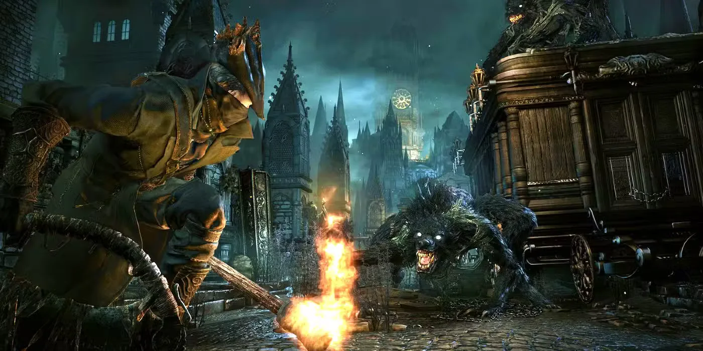 A warrior kneeling down while facing werewolves in Bloodborne