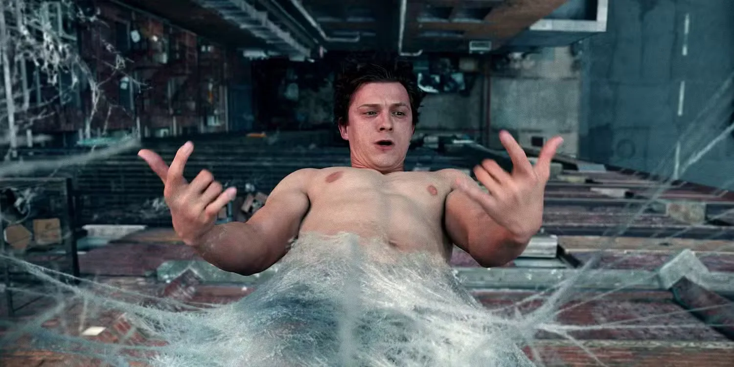 Peter Parker (Tom Holland) hanging upside down in 'Spider-Man: Brand New Day'