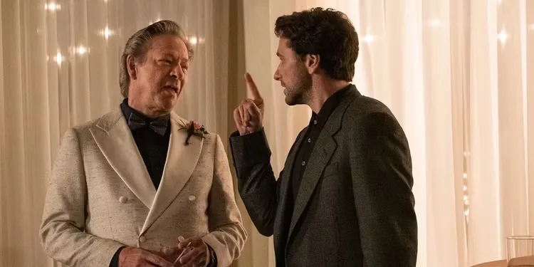 Lloyd Vogel (Matthew Rhys) confronts his father, Jerry Vogel (Chris Cooper), at his sister's wedding reception in 'A Beautiful Day in the Neighborhood'