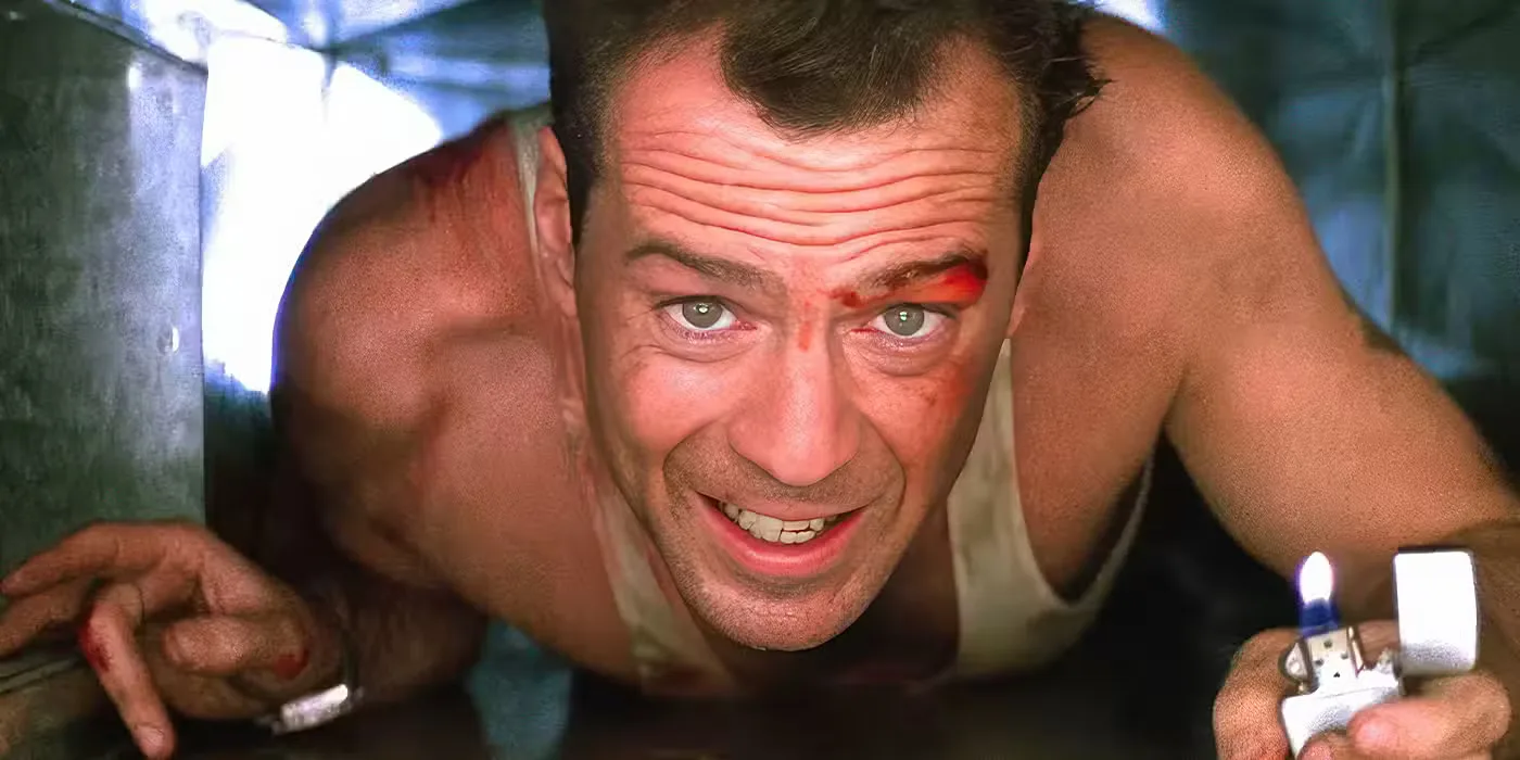 Bruce Willis, playing John McClane, crawls through a duct with a lighter in Die Hard. 