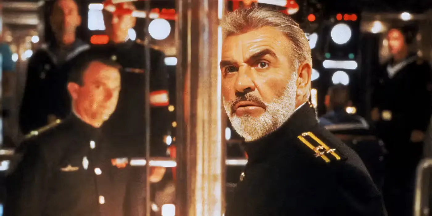 Sean Connery looking back with his crew in the background in The Hunt for Red October