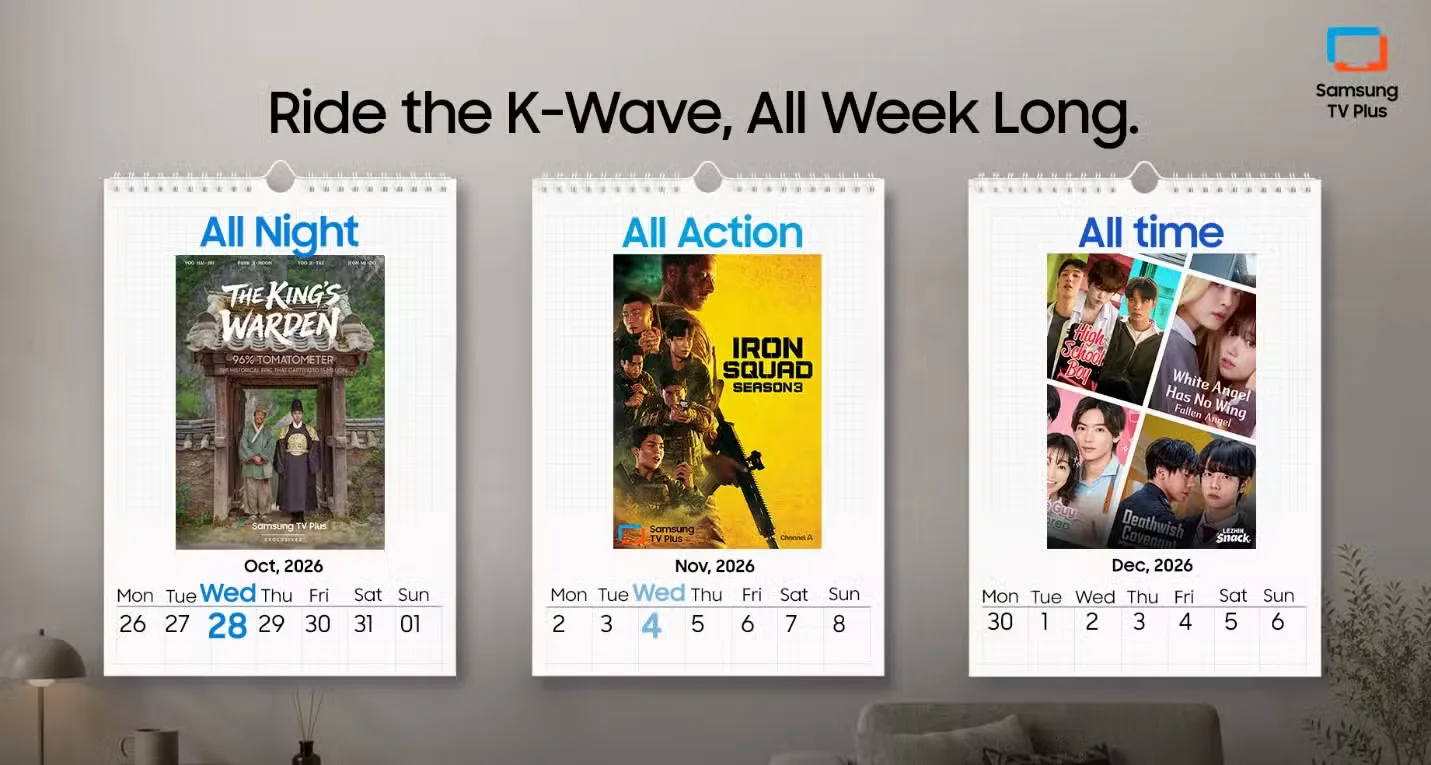 A graphic featuring key art for The King's Warden, Iron Squad, and microdramas coming to Samsung TV Plus