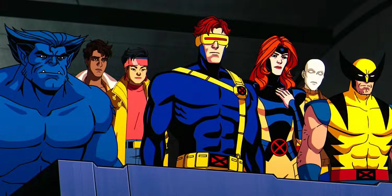 X-Men led by Cyclops with Beast, Jubilee, Jean Grey, and Wolverine.