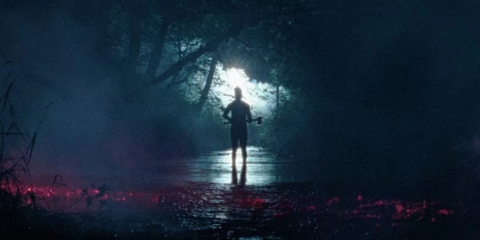 A person wielding an axe in a surreal, watery, overgrown backdrop in Pathetic Fallacy