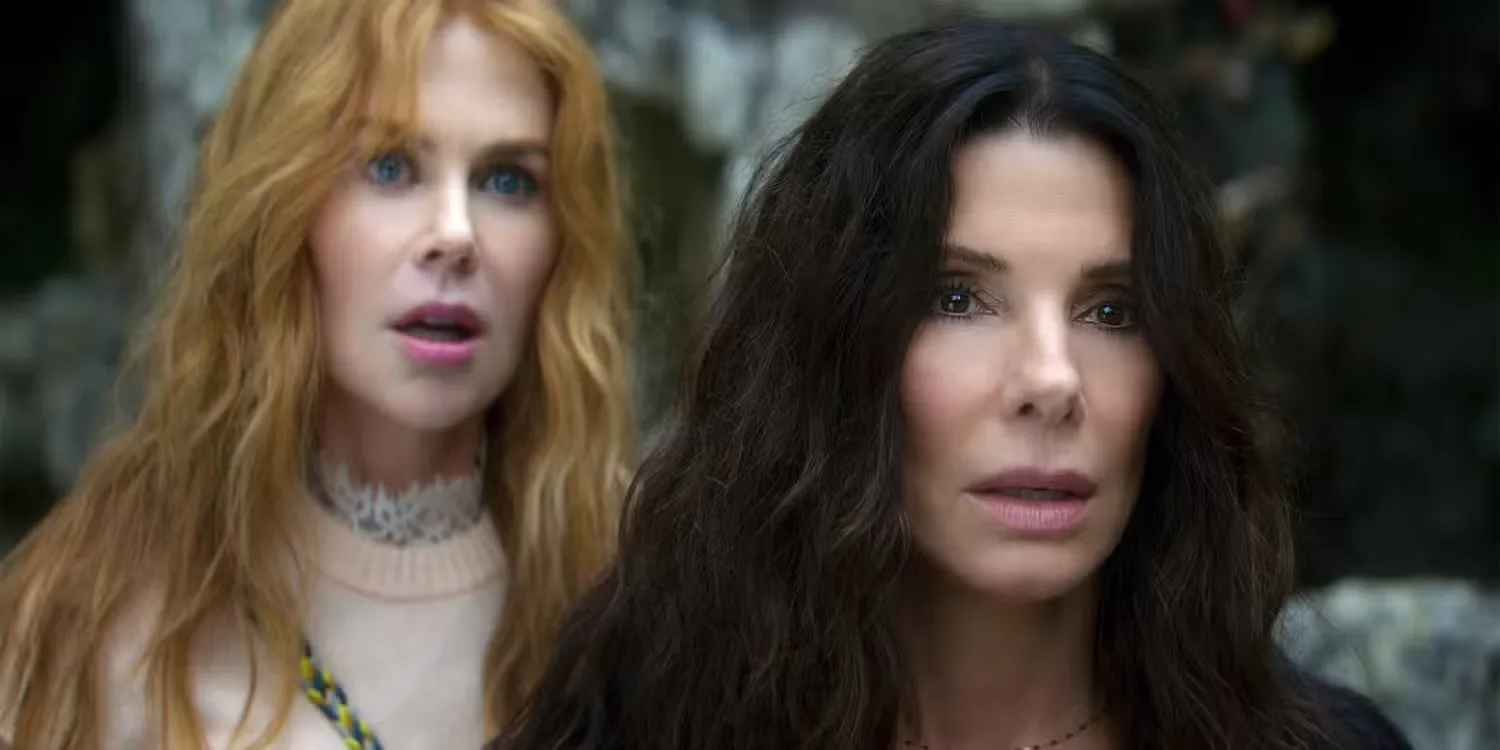 Nicole Kidman and Sandra Bullock looking surprised in Practical Magic 2