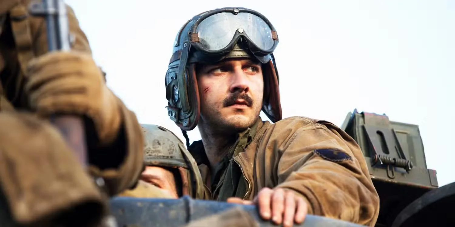 Shia LaBeouf with his top half popped out of the tank in Fury