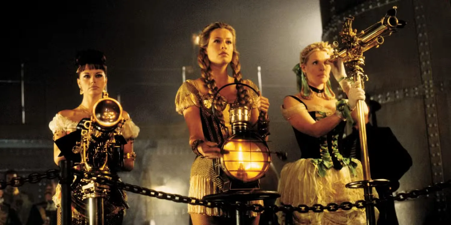 Musetta Vander, Frederique Van Der Wal, Sofia Eng looking through telescopes in Wild Wild West