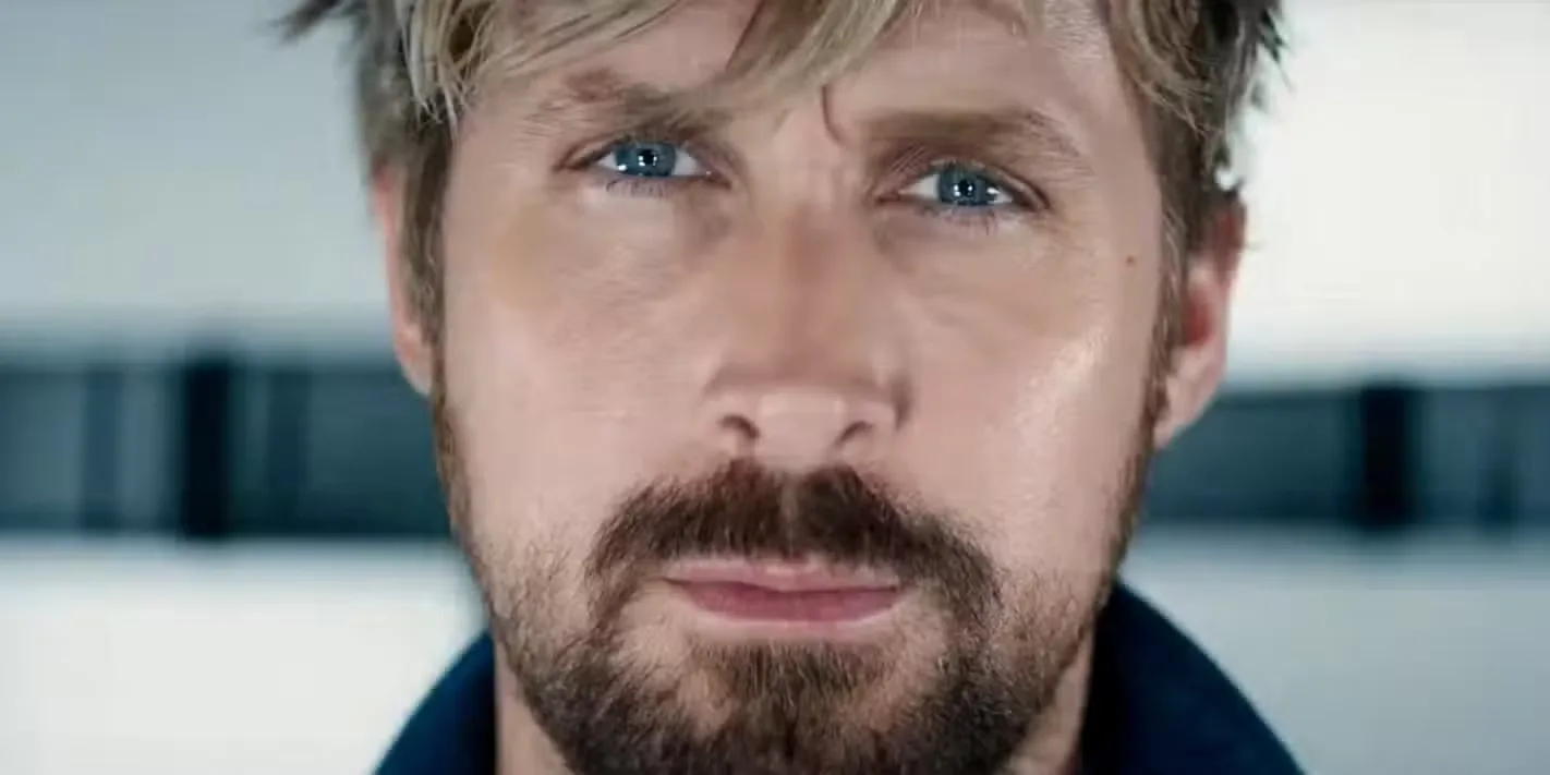 extreme close-up of Ryan Gosling looking into camera in The Fall Guy