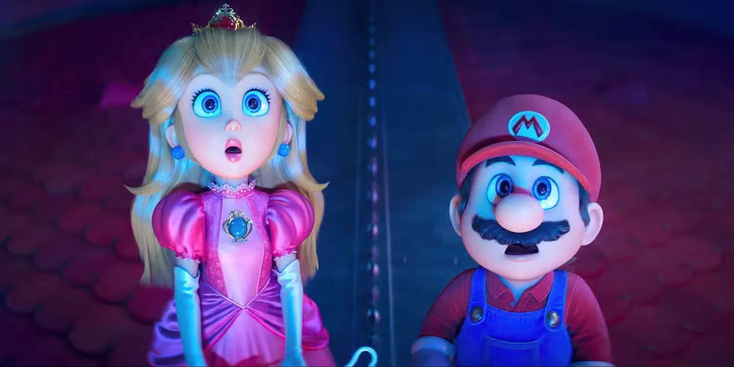 Anya Taylor-Joy as Peach and Chris Pratt as Mario look up in shock in 'The Super Mario Galaxy Movie'