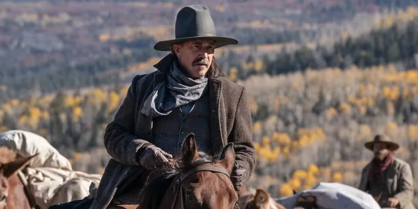 Hayes Ellison riding a horse through a meadow in Horizon: An American Saga - Chapter 1.