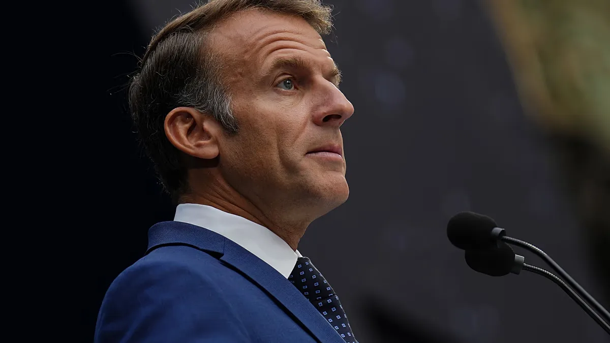 French President Emmanuel Macron delivers a speech at the International Space Summit at the Grand Palais in Paris, Thursday, Sept. 10, 2026.