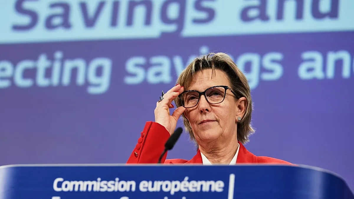 FILE. European Commissioner for Financial Services and the Savings and Investments Union Maria Luís Albuquerque speaks during a media conference in Brussels, March 2025